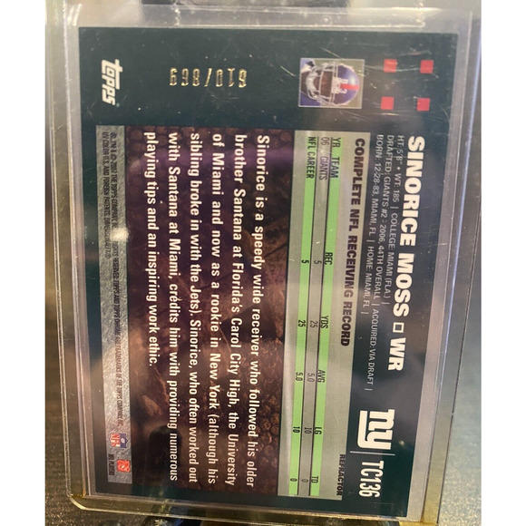 Sinorice Moss 2007 Topps Chrome White Refractors 610/869 New York Giants NFL - Picture 2 of 2